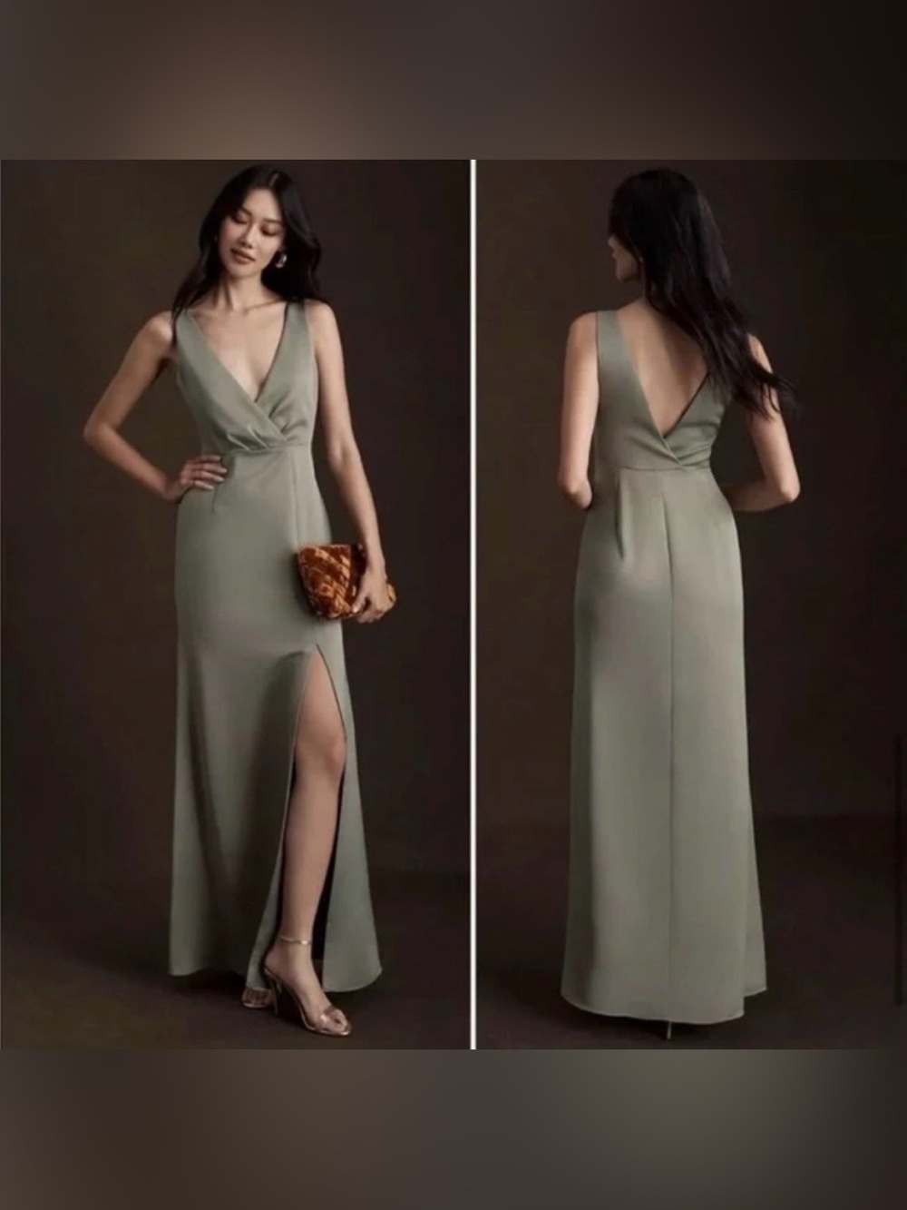 Anthropologie BHLDN Piper V-Neck Side-Slit Satin Gown Moss Dress NWT 22W